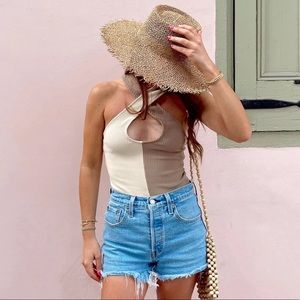 LE LIS crisscross 2 toned neutral bodysuit